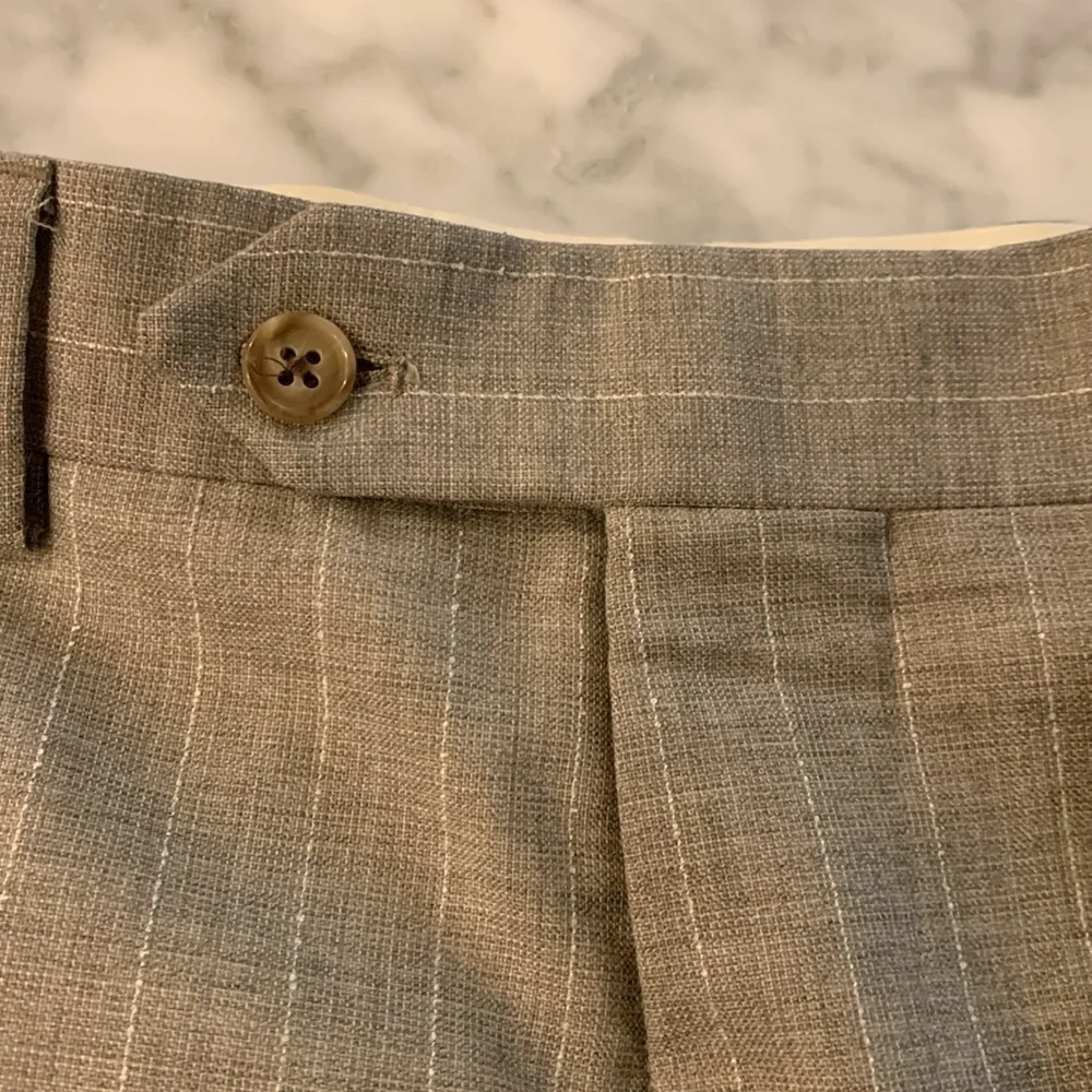 Brooks brother beige pinstripe wool suit, 40L blazer, 34” waist pant